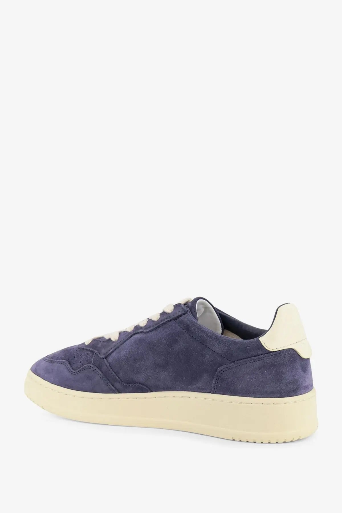 Autry men’s medalist low white navy blue suede sneaker with cream rubber sole and heel tab front view