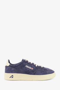 Autry men’s medalist low navy blue suede sneaker with cream rubber sole laces and mutry logo patch on side