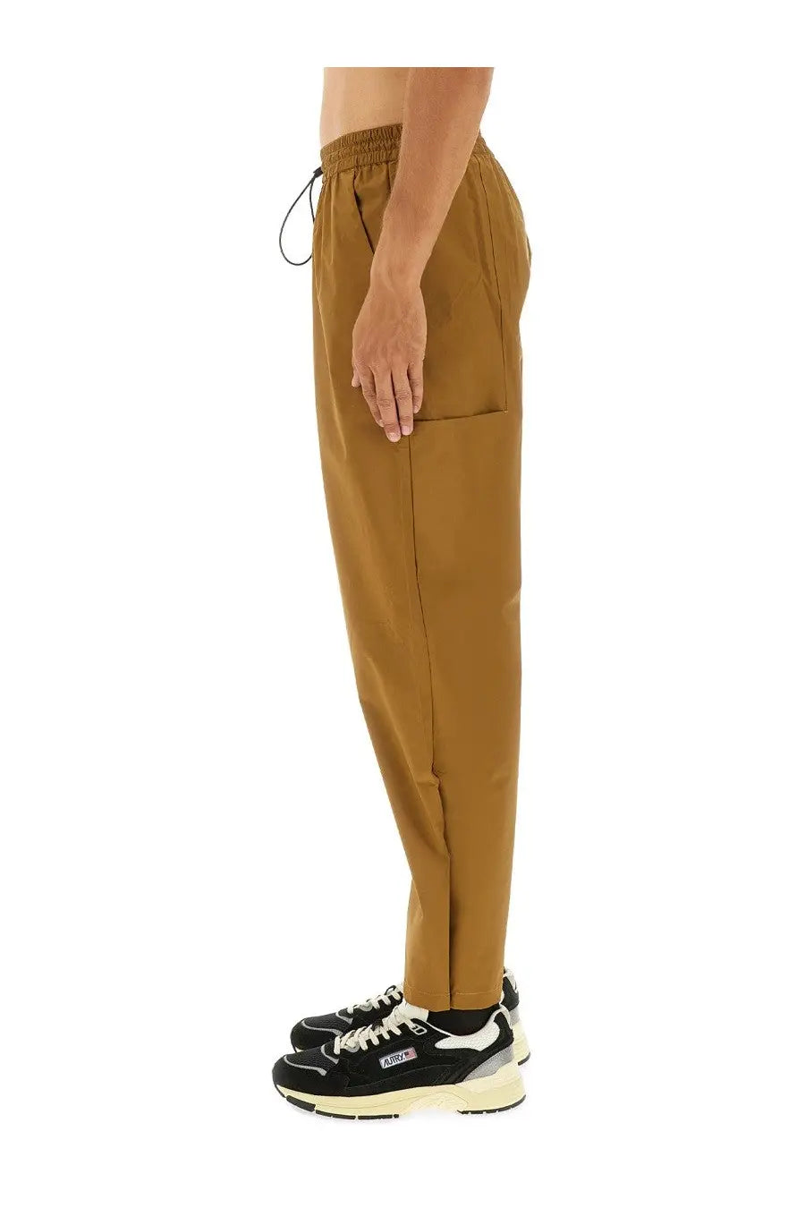Autry men’s rain tech nylon brown cargo pants with elastic waistband drawstring relaxed fit and side pockets
