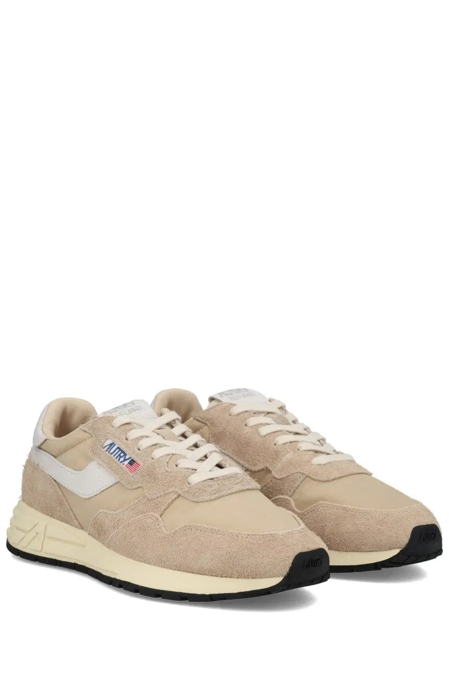 Autry men’s reelwind low sneakers beige featuring beige suede and canvas with white laces and black soles