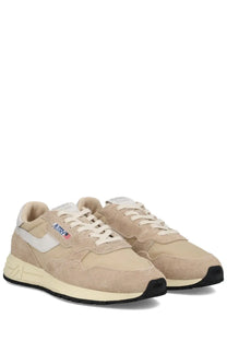 Autry men’s reelwind low sneakers beige featuring beige suede and canvas with white laces and black soles