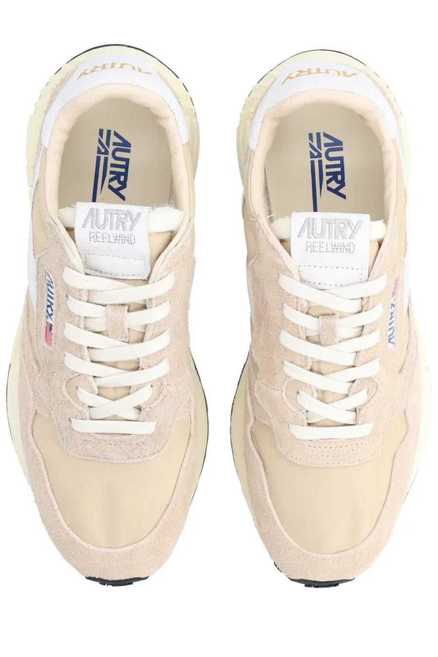 Autry men’s reelwind low sneakers in beige suede and mesh with white laces and retro design branding on the insole