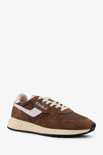 Autry men’s reelwind low suede sneakers brown suede and canvas with white laces cream midsole and american flag logo