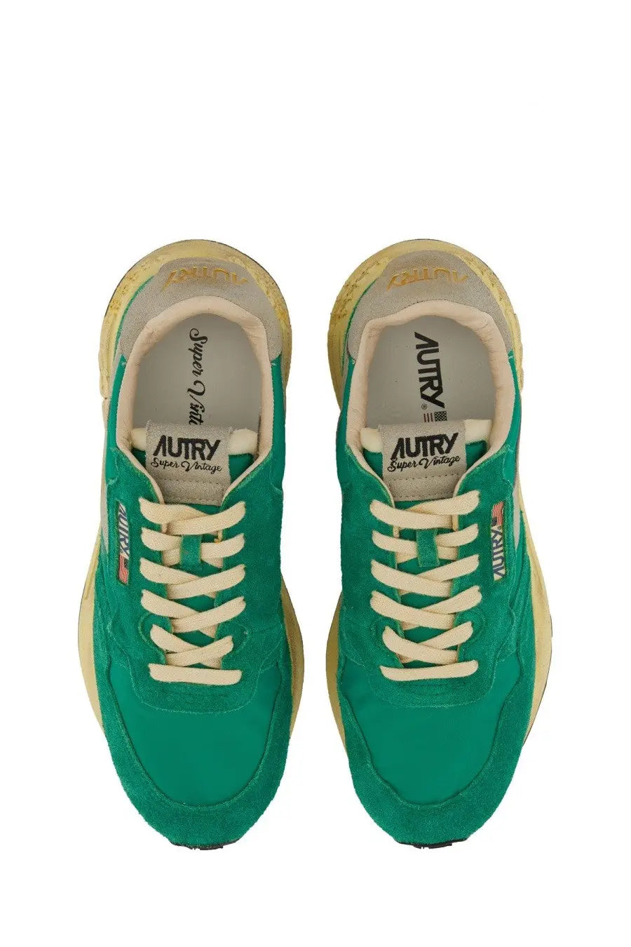 Autry men’s reelwind supervintage sneaker green suede with cream laces beige sole and autry branding on the insole