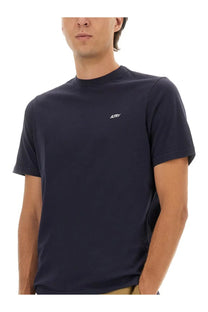 Navy blue crew neck cotton t-shirt with white embroidered autry logo on left chest for men
