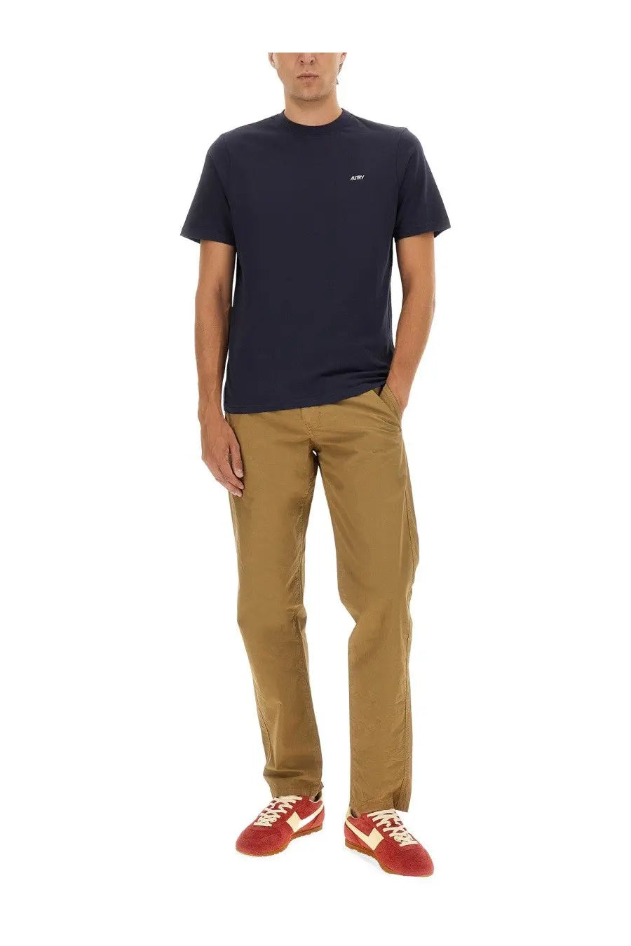 Navy blue AUTRY men’s short-sleeved crew neck t-shirt with small white logo on left chest for casual wear