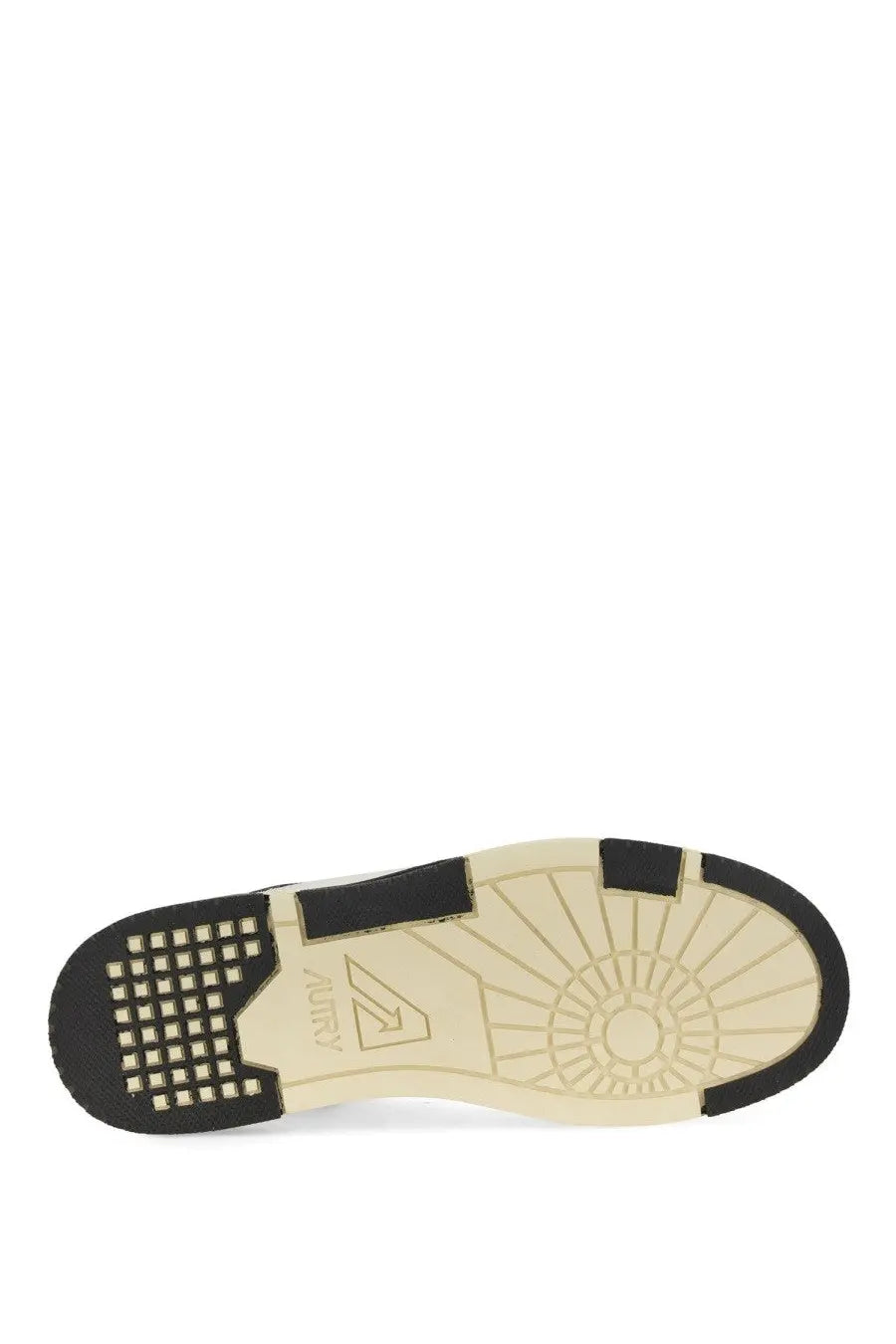Beige and black rubber sole with textured pattern featuring vans logo on autry men’s sneaker clc multicolor back side