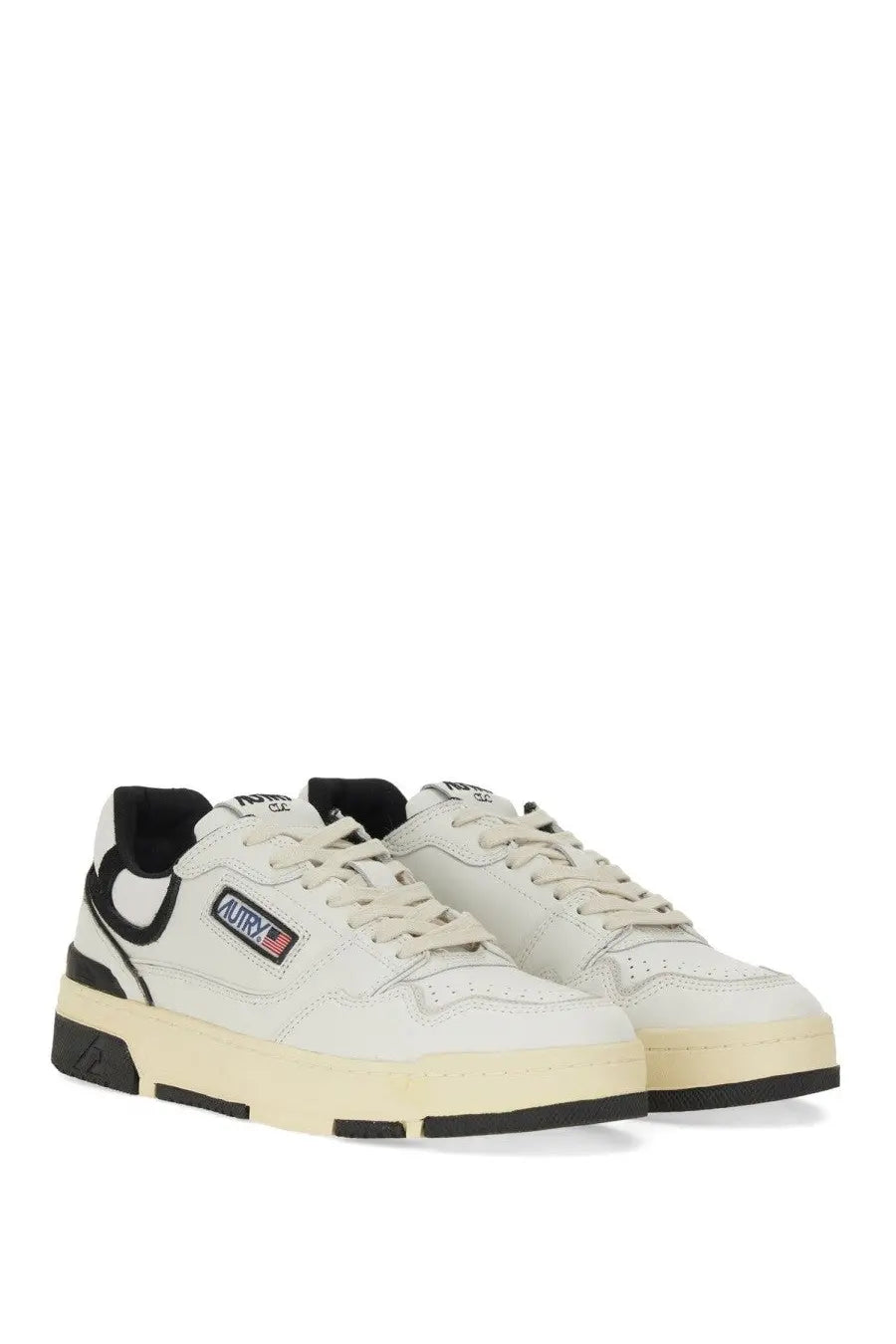 White and black low-top autry men’s sneaker clc multicolor with chunky sole and murry brand logo on the side