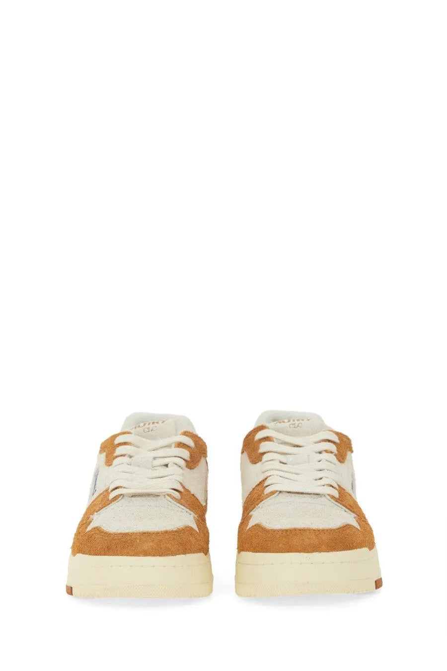 Autry men’s sneaker clc orange cream and tan suede low-top sneakers with white laces and chunky off-white sole