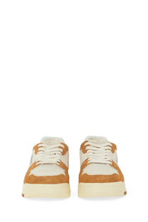 Autry men’s sneaker clc orange cream and tan suede low-top sneakers with white laces and chunky off-white sole