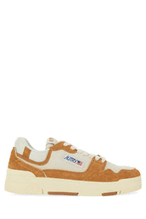 Autry men’s sneaker clc orange tan and cream suede low-top sneaker with white rubber sole and autry logo patch on the side