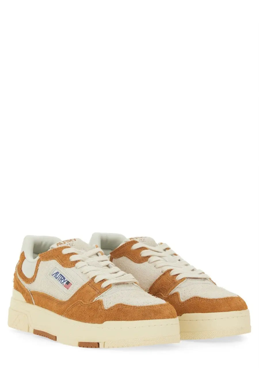 Autry men’s sneaker clc orange tan and white suede sneakers with chunky off-white rubber sole and authentic logo on side
