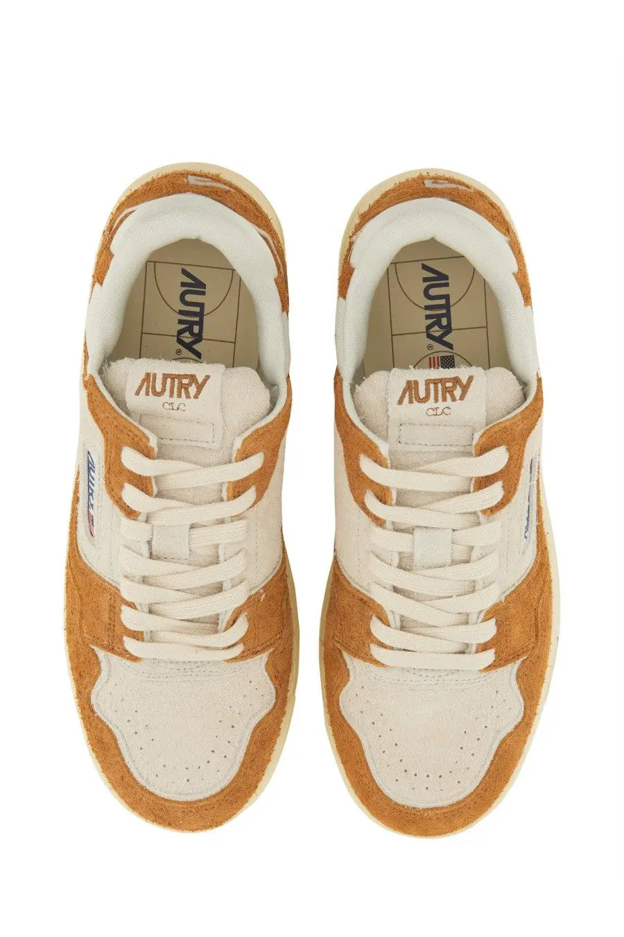 Autry men’s sneaker clc orange tan and white suede sneakers with perforated toe caps and autry logo on tongue and insole