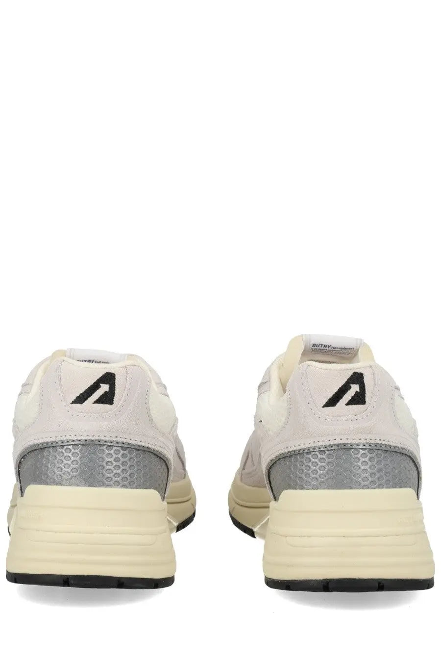 Back view of autry men’s sneaker hyperway multicolor in white and silver with honeycomb heel texture and black logo details