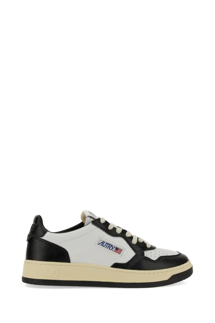 Autry men’s sneaker medalist low black and white low-top with cream rubber sole and autry logo on the side