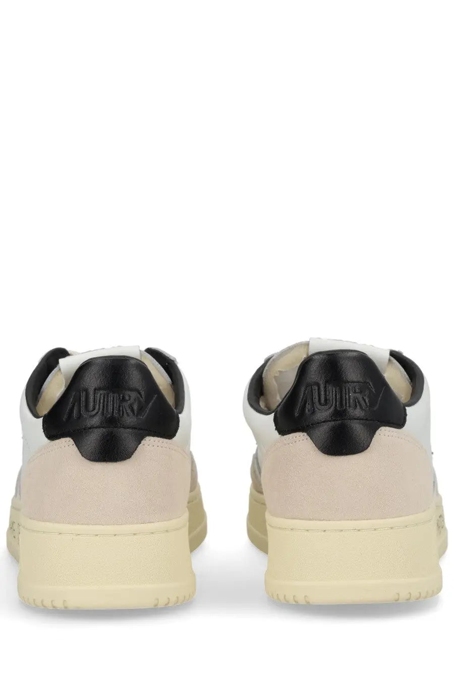 Autry men’s sneaker medalist low multicolor white and beige suede sneakers with black leather heel tabs and autr logo