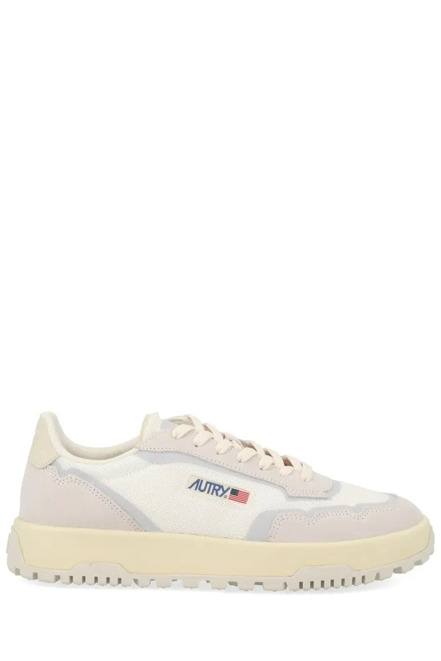 Autry men’s sneaker wildpace low multicolor cream sneaker with white and light gray suede panels and blue embroidered logo