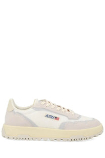 Autry men’s sneaker wildpace low multicolor cream sneaker with white and light gray suede panels and blue embroidered logo