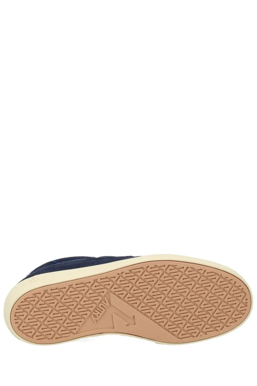 Autry men’s sneaker windscape low blue navy blue suede high-top with tan rubber sole and embossed geometric tread pattern