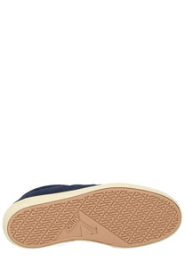 Autry men’s sneaker windscape low blue navy blue suede high-top with tan rubber sole and embossed geometric tread pattern