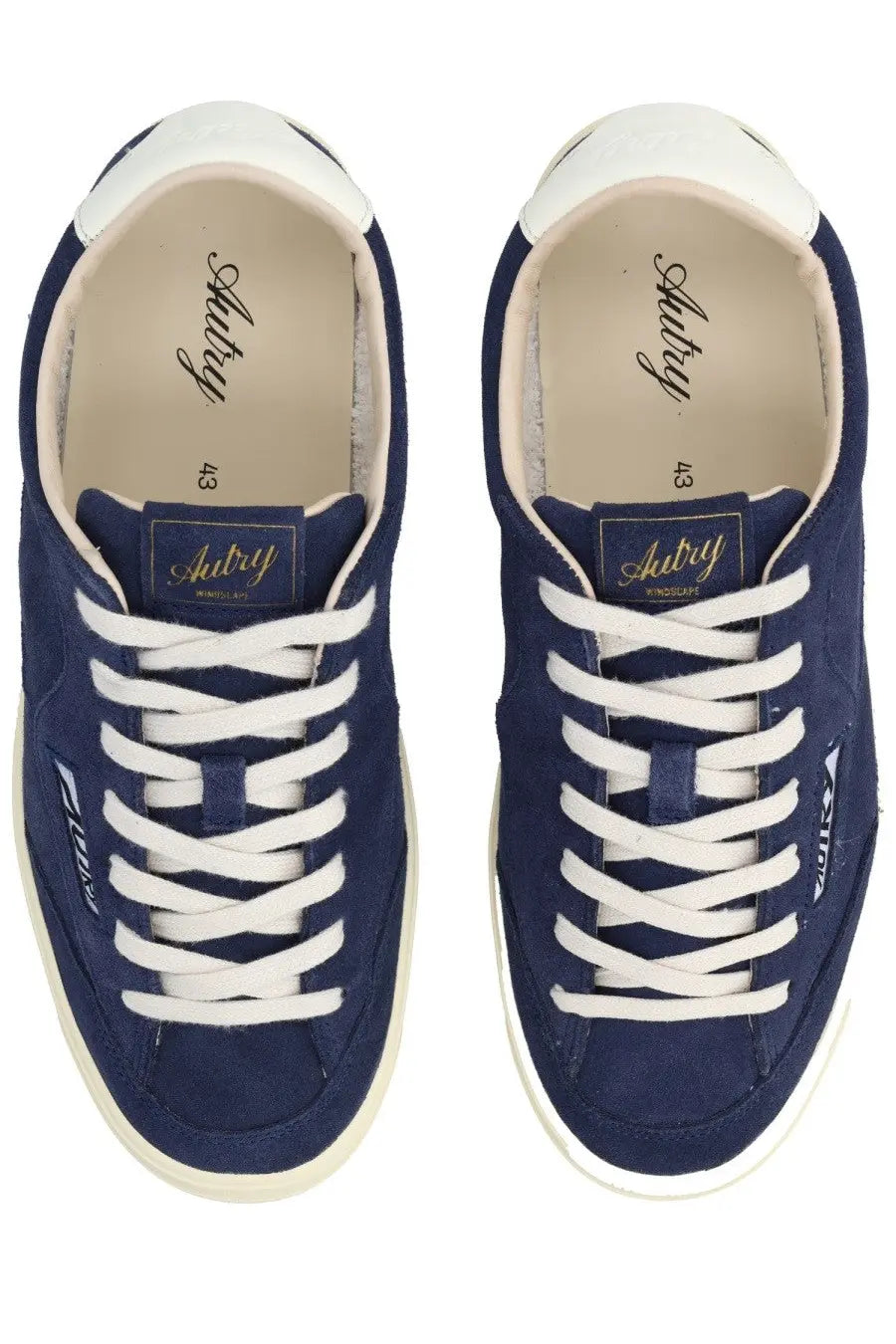 Autry men’s sneaker windscape low blue navy blue suede low-top with white laces and cream rubber sole