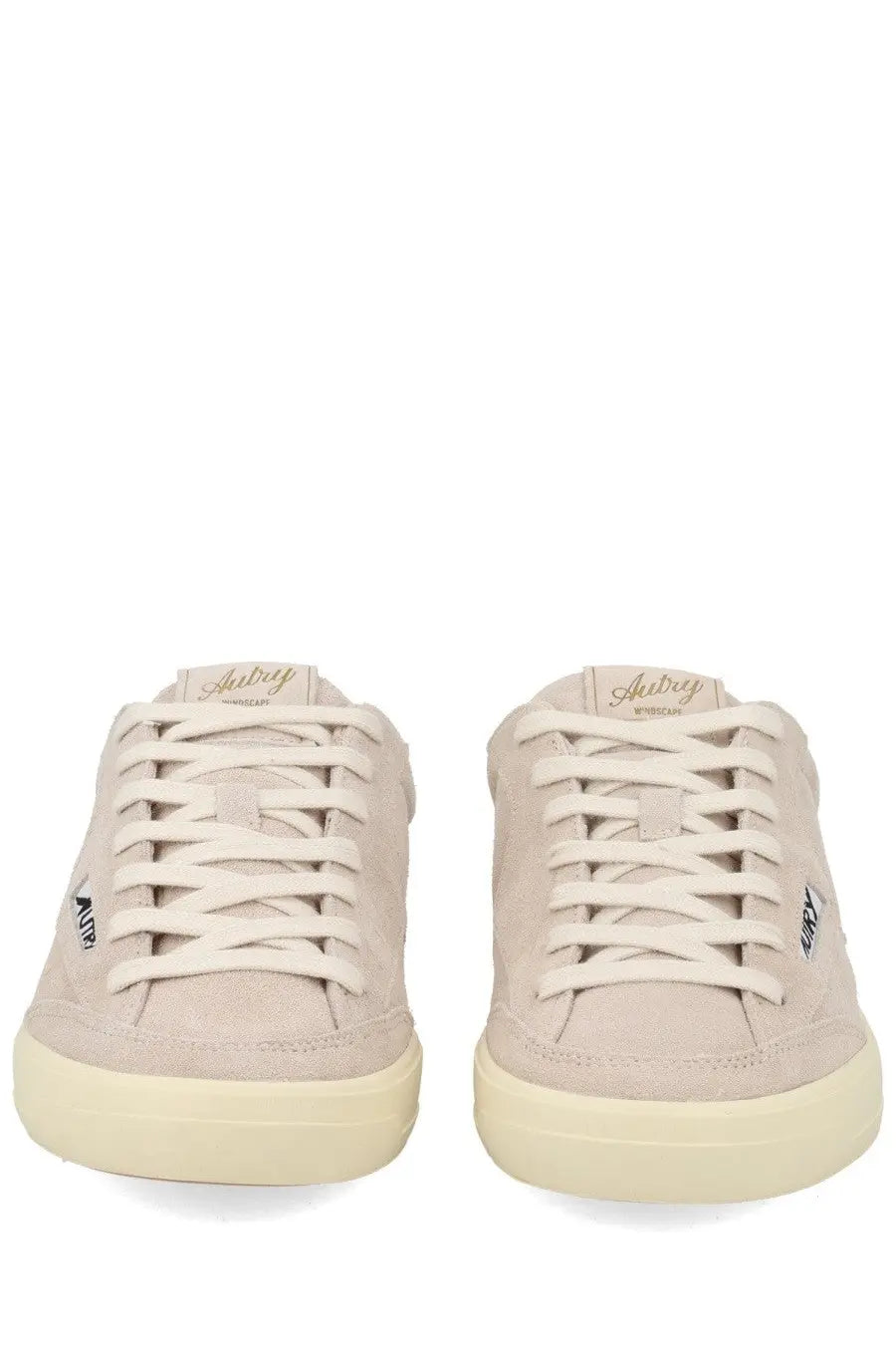 Autry men’s sneaker windscape low grey beige suede low-top with cream rubber soles and aubrey logo on the tongue