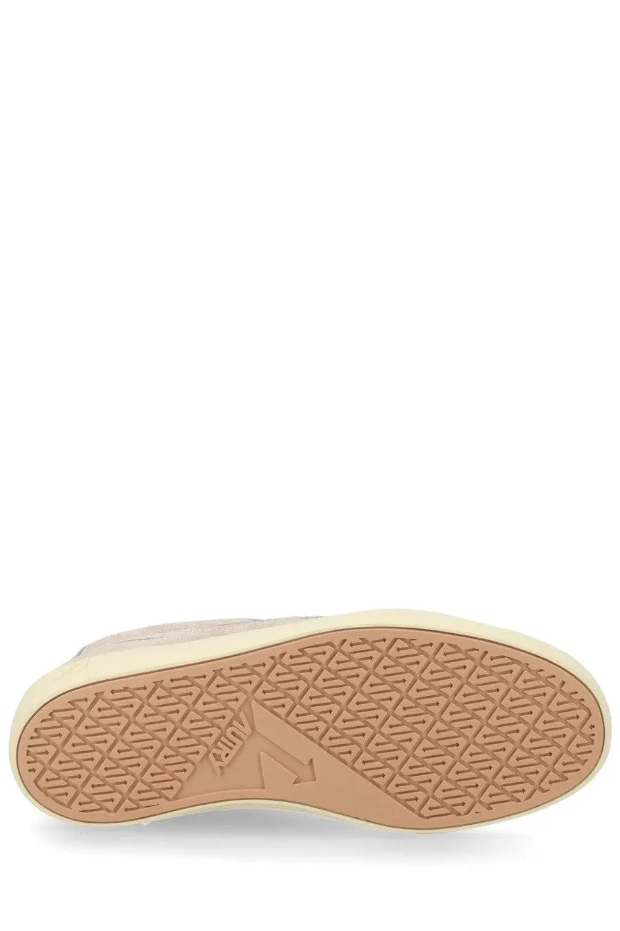 Autry men’s sneaker windscape low grey beige suede low-top with tan rubber sole and geometric tread pattern