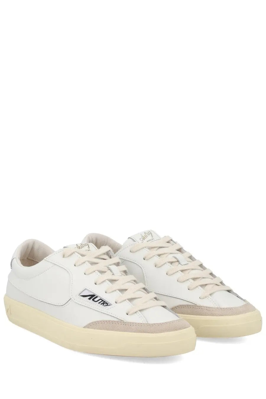 Autry men’s sneaker windscape low white leather with beige accents and cream rubber sole featuring autry logo on side