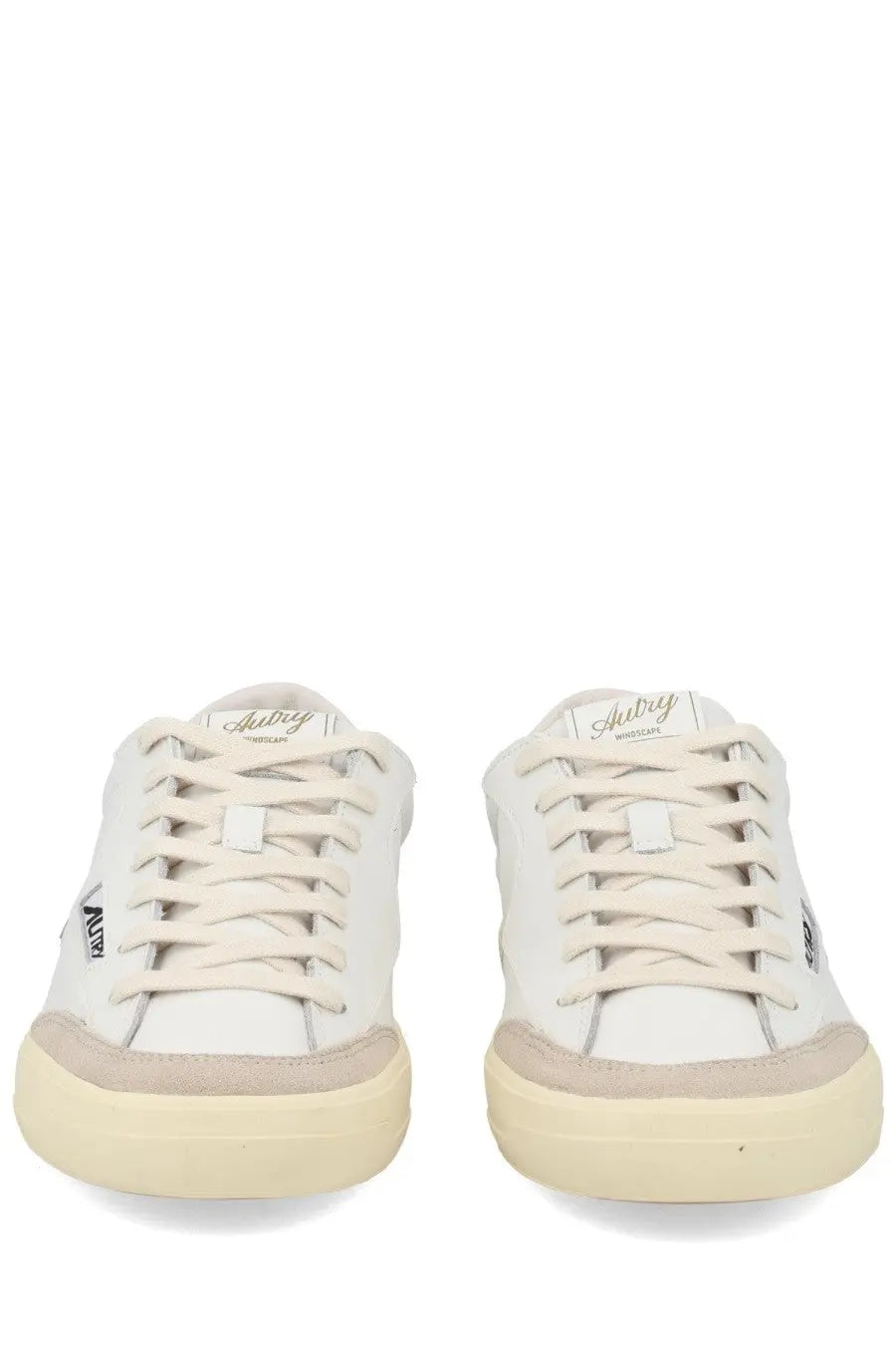 Autry men’s sneaker windscape low white white leather sneakers with beige rubber soles laces and aubrey branding on tongue