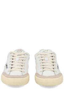 Autry men’s sneaker windscape low white white leather sneakers with beige rubber soles laces and aubrey branding on tongue