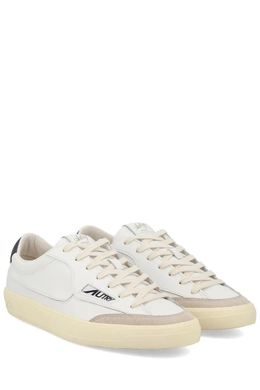 Autry men’s sneaker windscape low white with white leather beige suede accents and cream rubber sole with autre logo