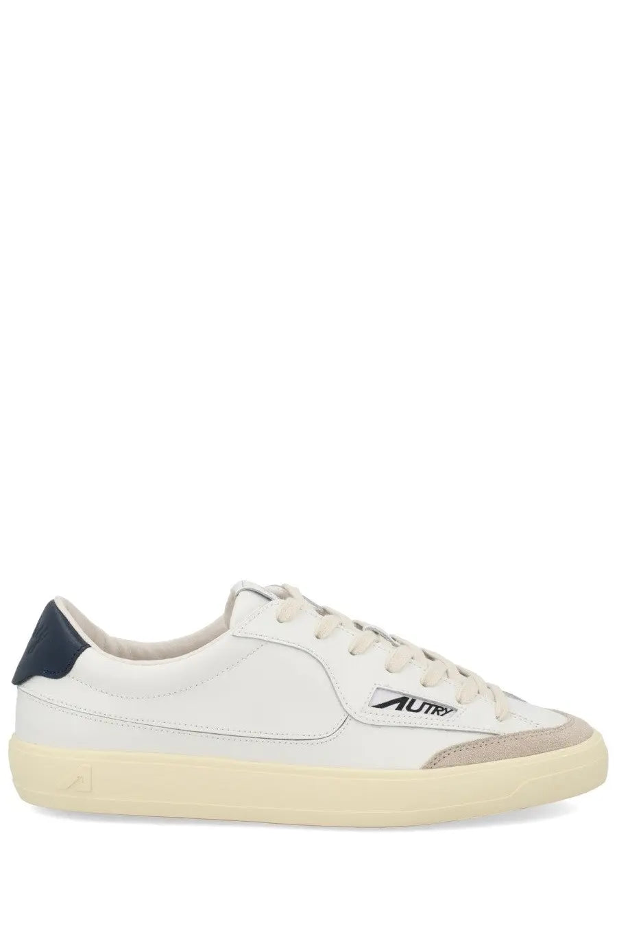 Autry men’s sneaker windscape low white leather low-top with navy blue heel tab beige rubber sole and subtle logo on side