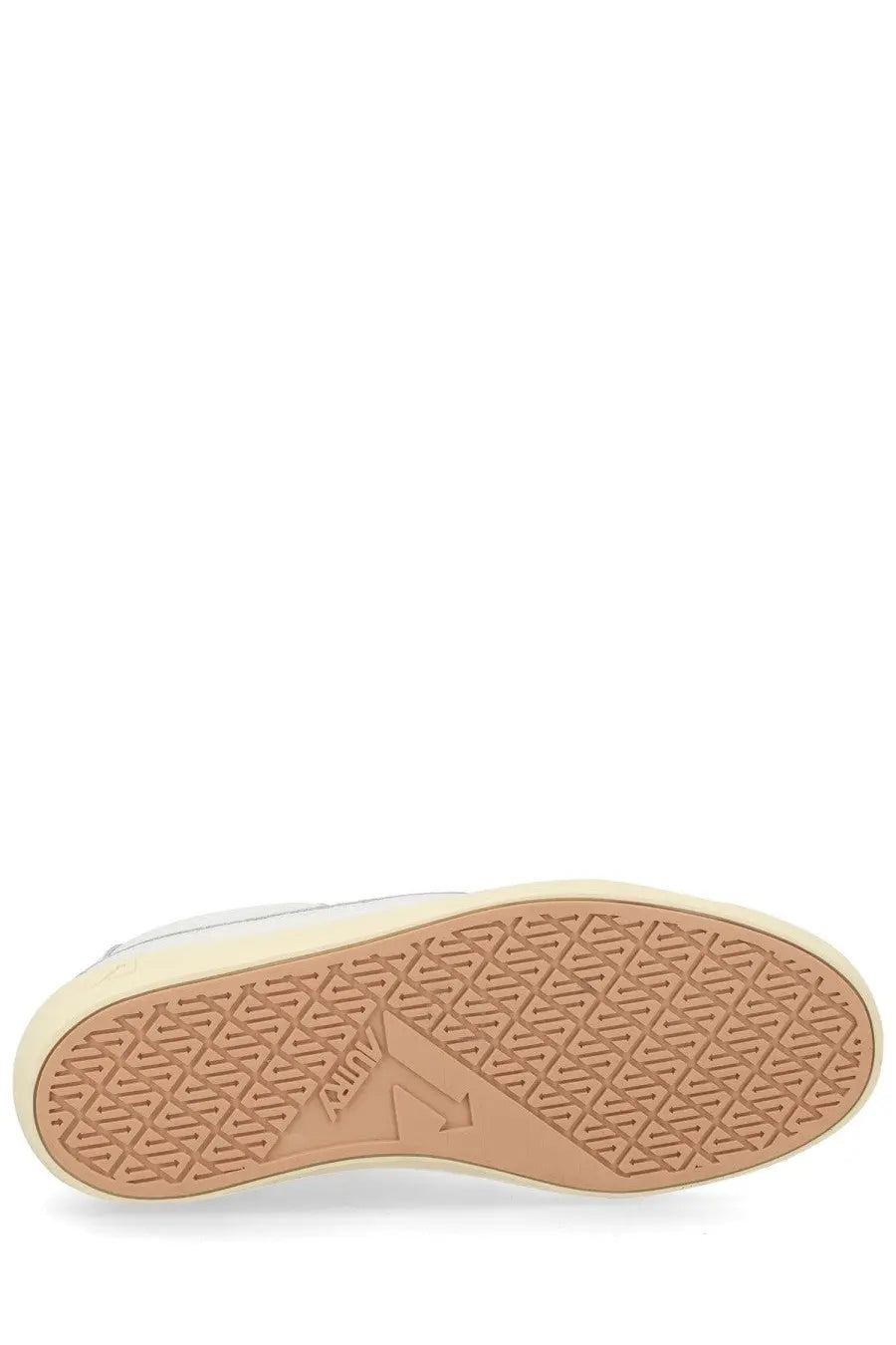 Tan rubber sole with geometric tread pattern and embossed brand logo on autry men’s sneaker windscape low white