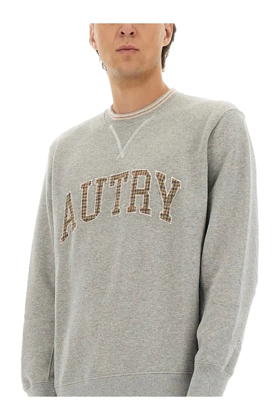 Autry men’s grey sweatshirt with brown and beige checkered autry embroidery on the chest in heathered fabric
