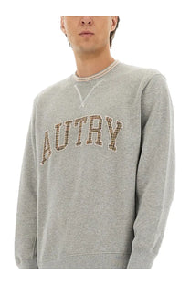 Autry men’s grey sweatshirt with brown and beige checkered autry embroidery on the chest in heathered fabric