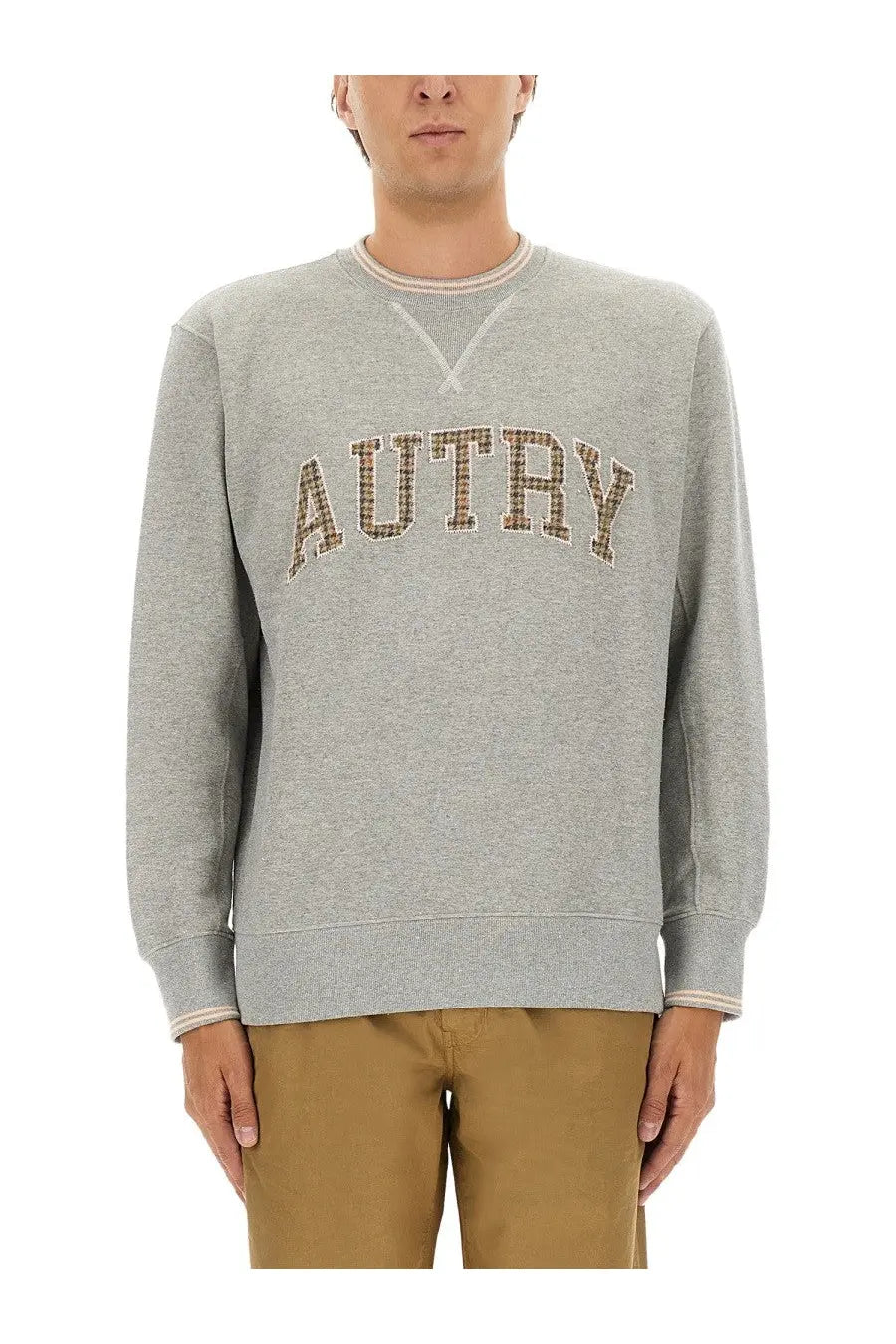 Autry men’s grey heathered sweatshirt with autry embroidered in checkered pattern on chest perfect for casual wear