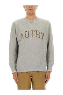 Autry men’s grey heathered sweatshirt with autry embroidered in checkered pattern on chest perfect for casual wear