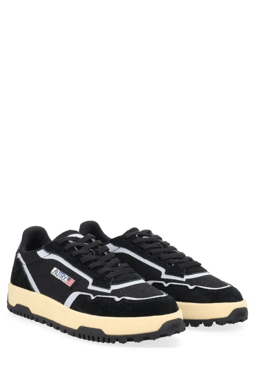 Autry men’s Wildpace low sneaker black with black and cream textured upper white zigzag sides and american flag logo on tongue