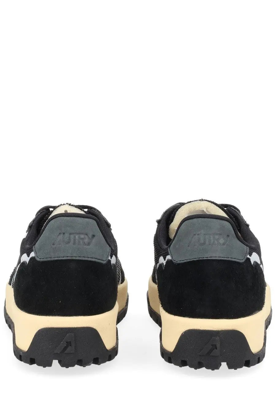 Autry men’s wildpace low sneaker black suede with beige rubber sole and gray heel tab featuring autry logo
