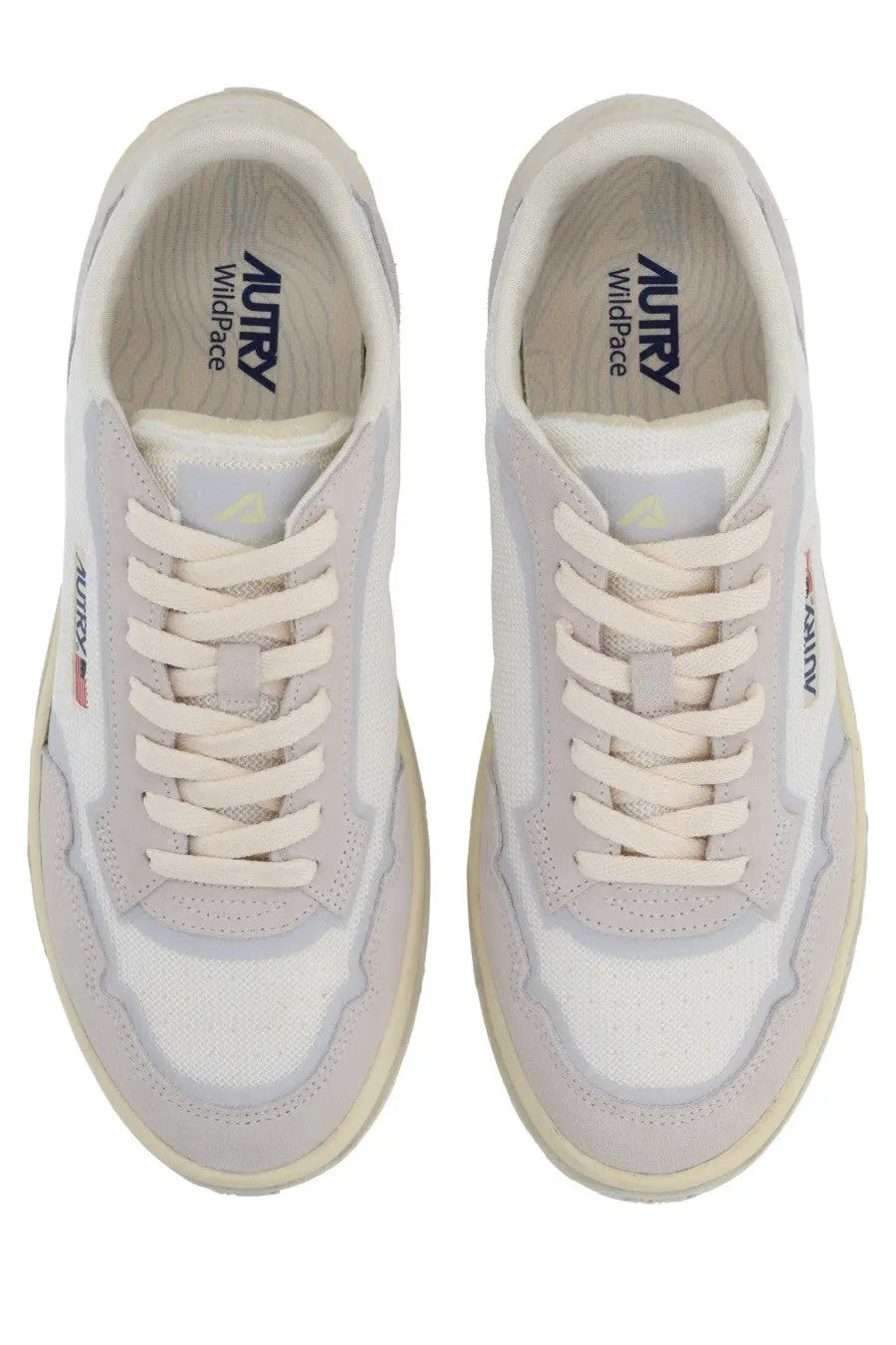 Autry men’s Wildpace low sneaker in light gray and off-white suede and mesh with subtle branding details