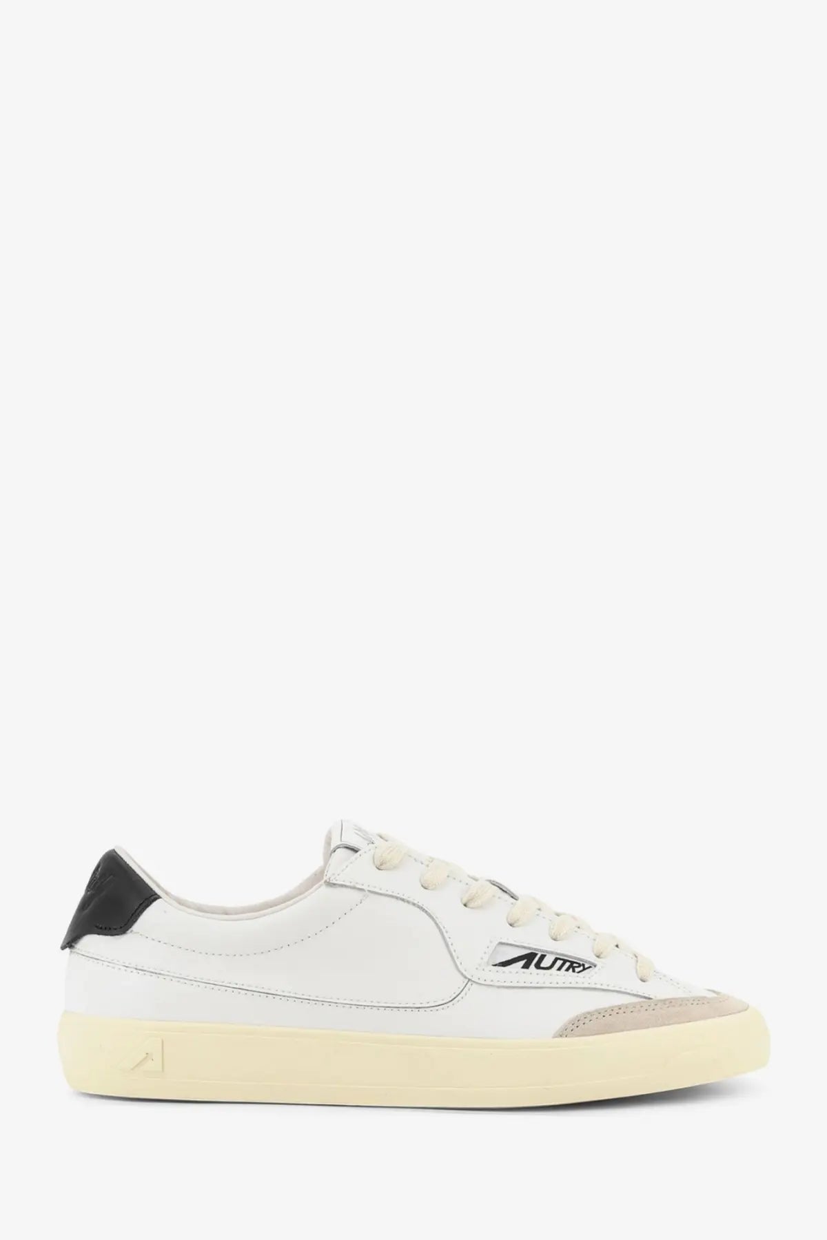 Autry men’s Windscape leather sneakers in white with black heel tab and beige rubber sole featuring subtle logo