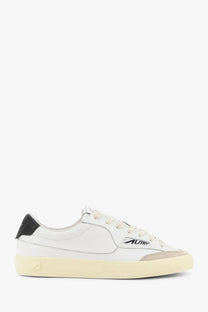 Autry men’s Windscape leather sneakers in white with black heel tab and beige rubber sole featuring subtle logo