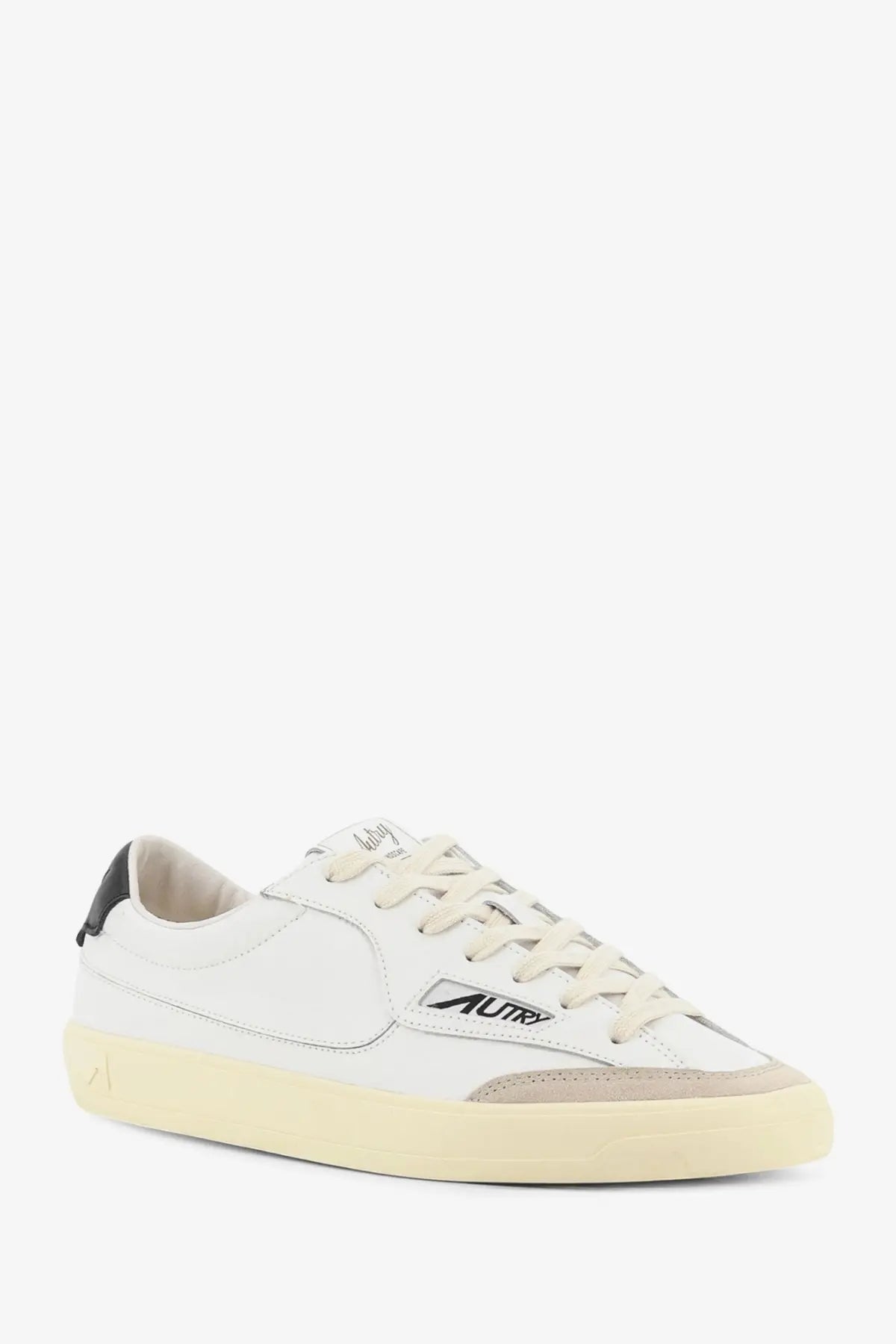Autry men’s Windscape leather sneaker in white with beige rubber sole and black branding on the side