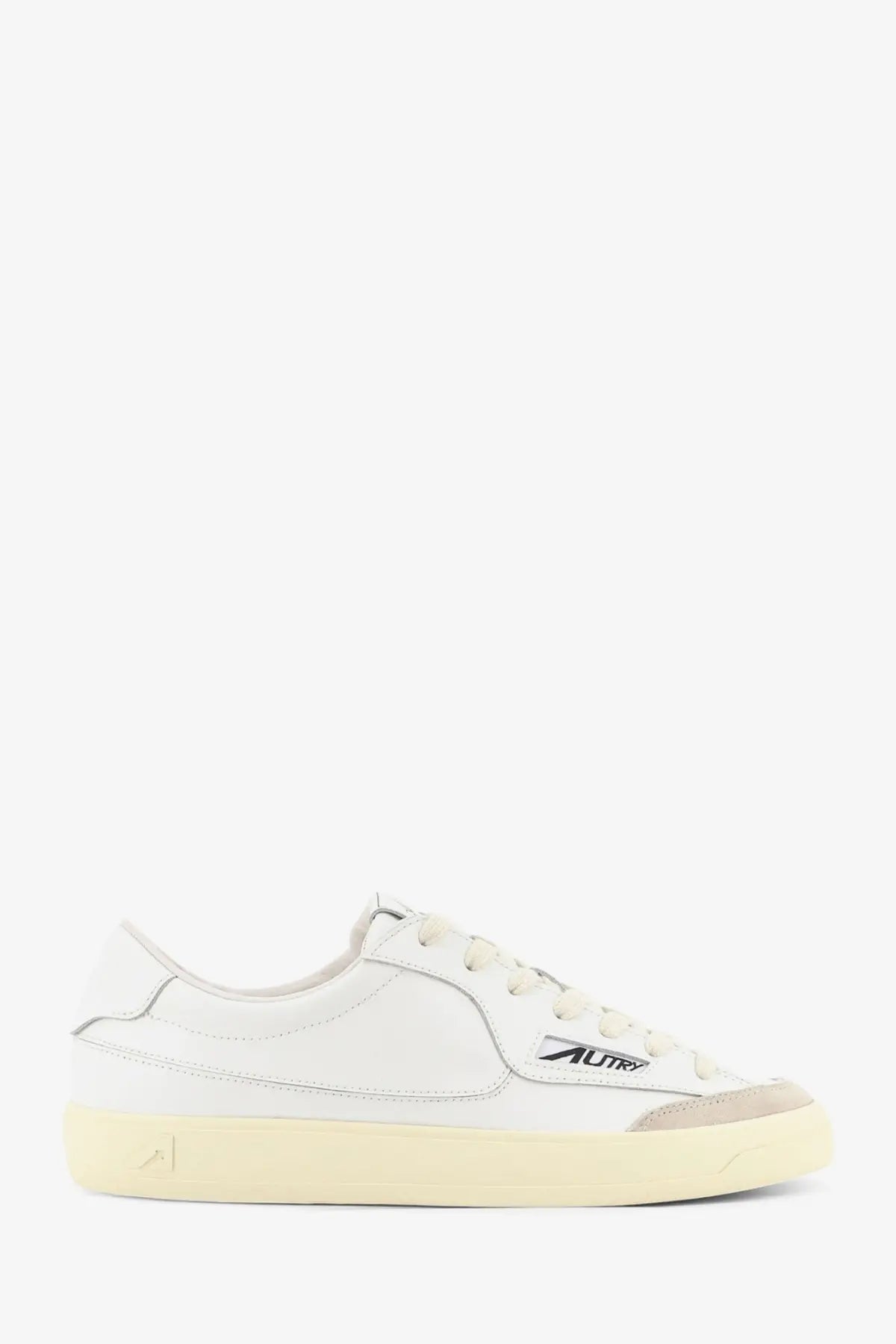 Autry men’s windscape leather sneakers in white with beige rubber sole and gray accents featuring autry logo on side
