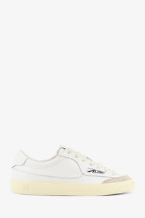 Autry men’s windscape leather sneakers in white with beige rubber sole and gray accents featuring autry logo on side