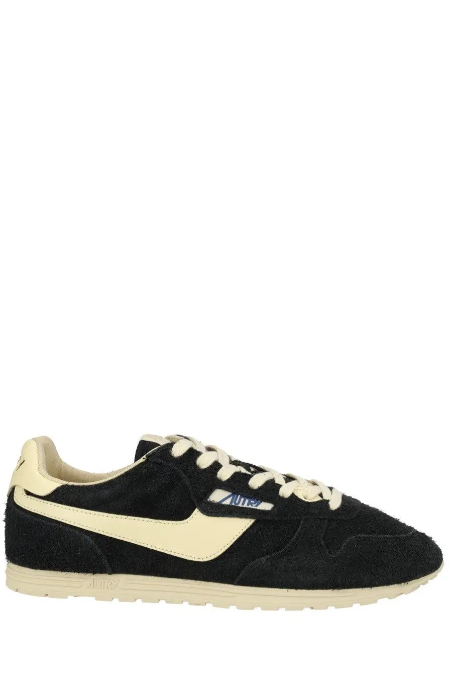 Autry men’s windspin sneaker black suede with cream accents and classic nike swoosh logo in front view