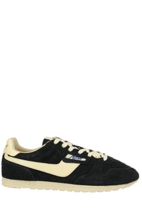 Autry men’s windspin sneaker black suede with cream accents and classic nike swoosh logo in front view