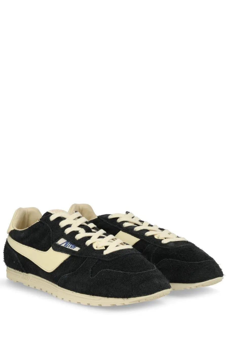 Autry men’s windspin black suede sneakers with cream laces midsole heel tab and white swoosh logo on the side