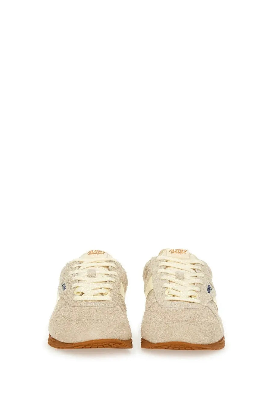 Autry men’s windspin sneaker cream-colored suede low-top with tan rubber soles and matching laces