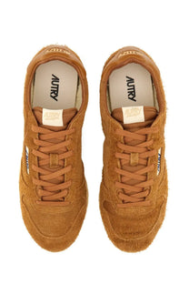 Autry men’s windspin sneaker in tan suede with matching laces and a textured fuzzy finish